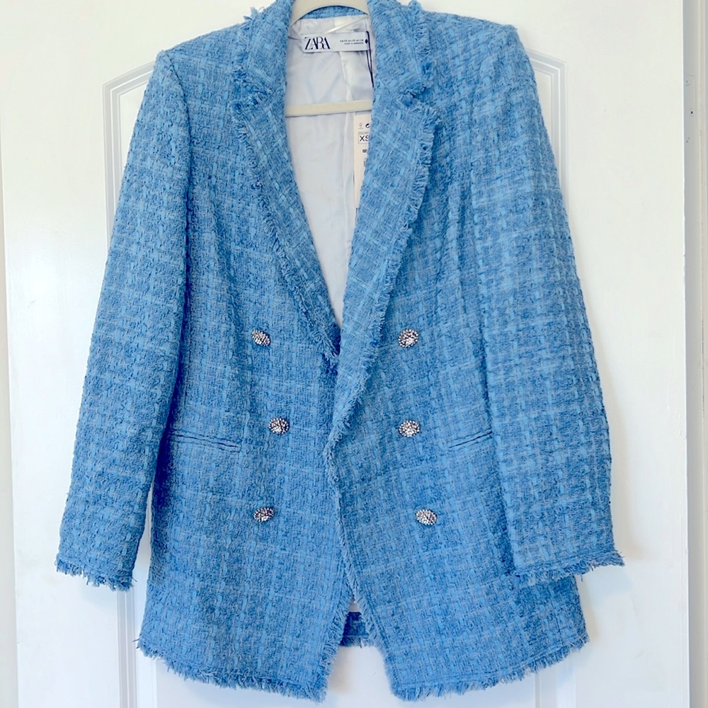 New with tag, ZARA Sky Blue Tweet Jacket Blazer size XS